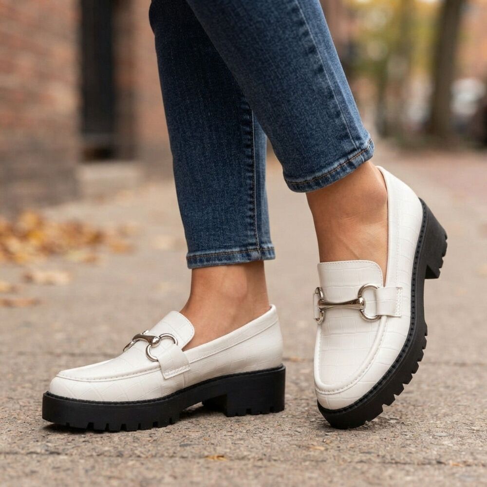 Steve Madden Loafers Womens White Croc Embossed Horsebit Hardware Lug Sole